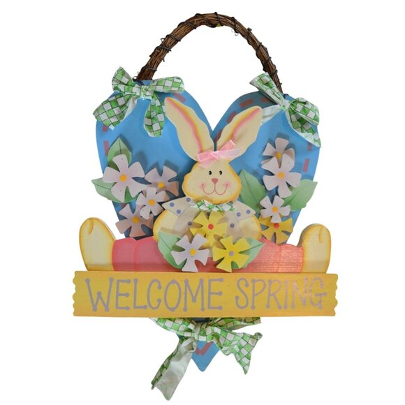 Vintage Wooden Welcome Spring Bunny Door Hanger Floral Accents Checkered Ribbon - Picture 3 of 5
